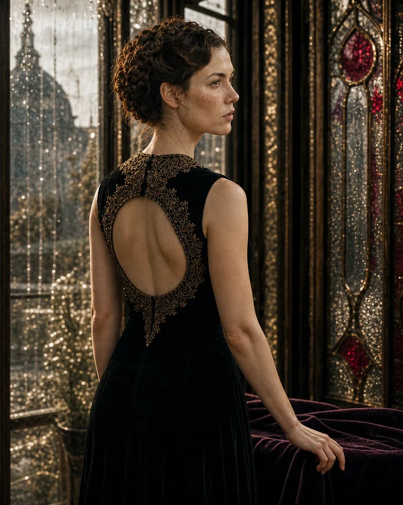 Gigi standing before a rain-lit Gothic window