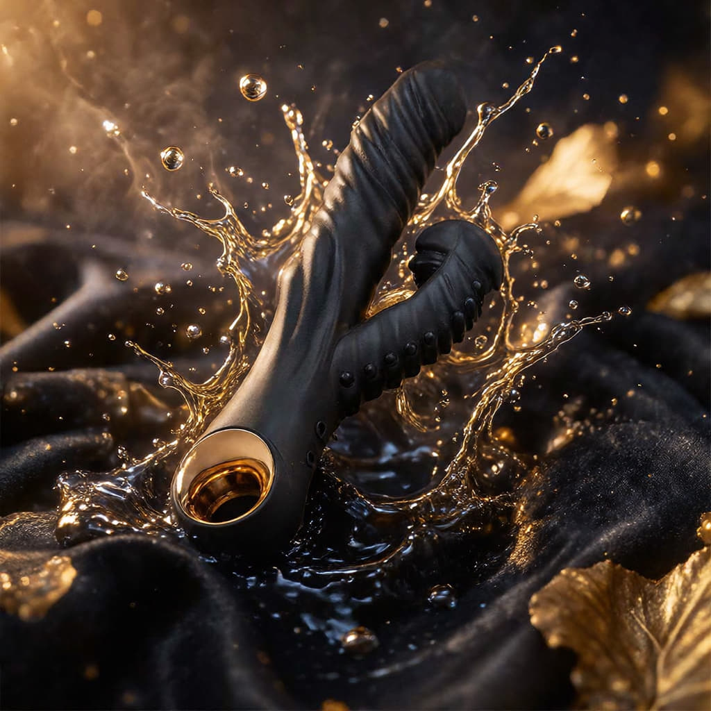 EmberHide splashing through water against black silk and gold petals