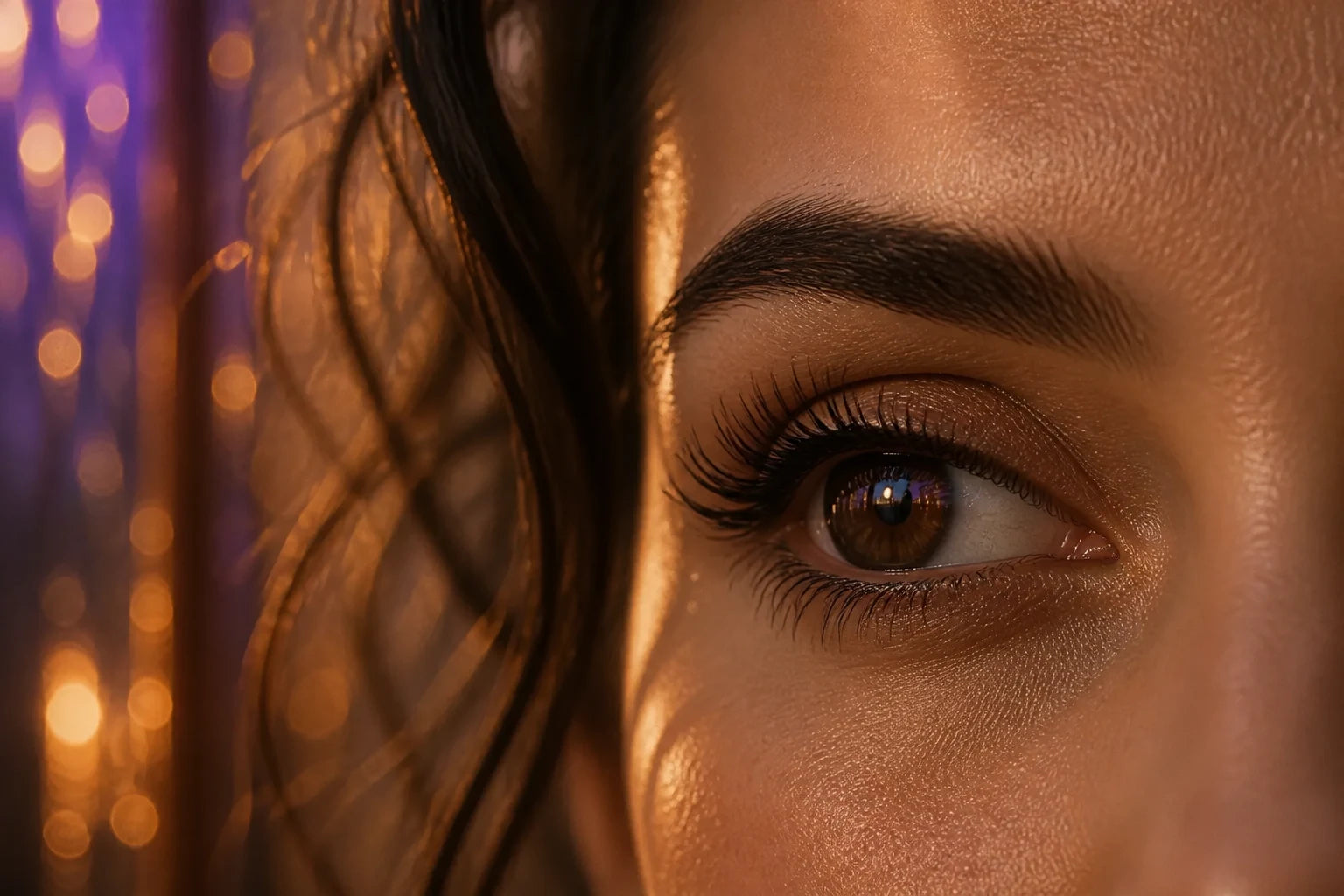 A warm gaze in violet and amber light