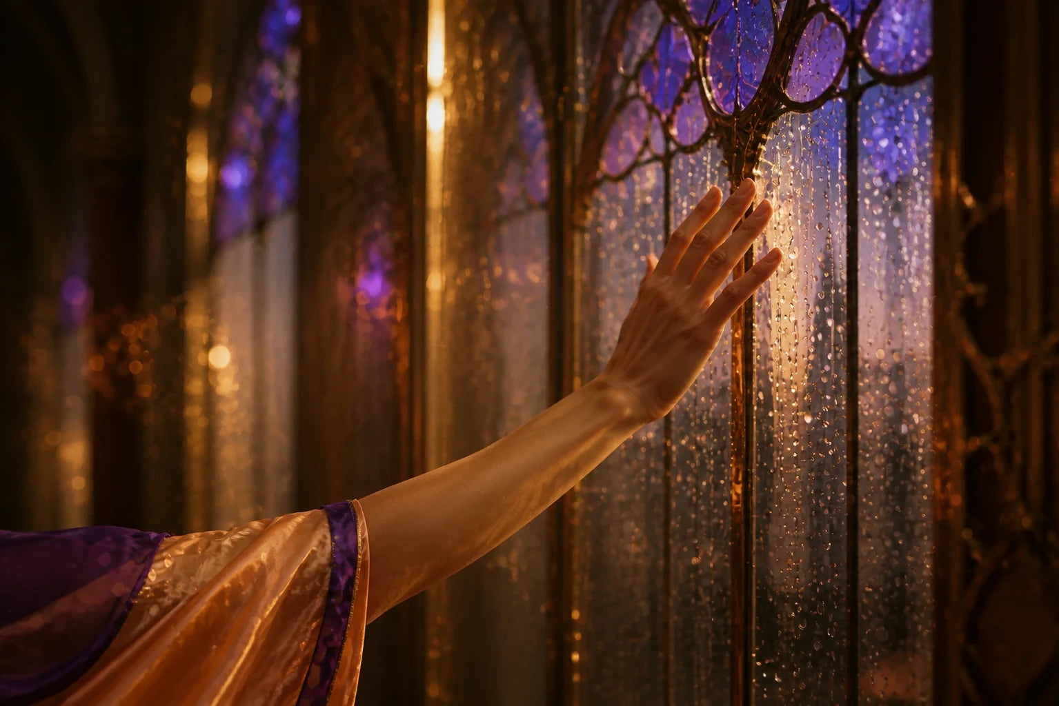 A hand meeting rain-lit glass in the Queen's Bloom palace