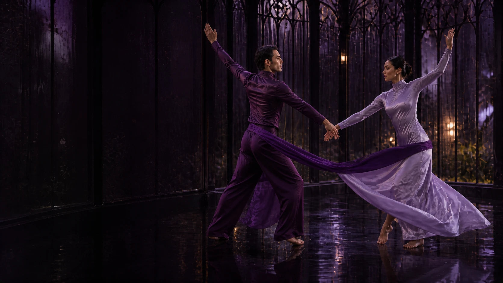A man and woman holding hands in a rain-dark violet hall