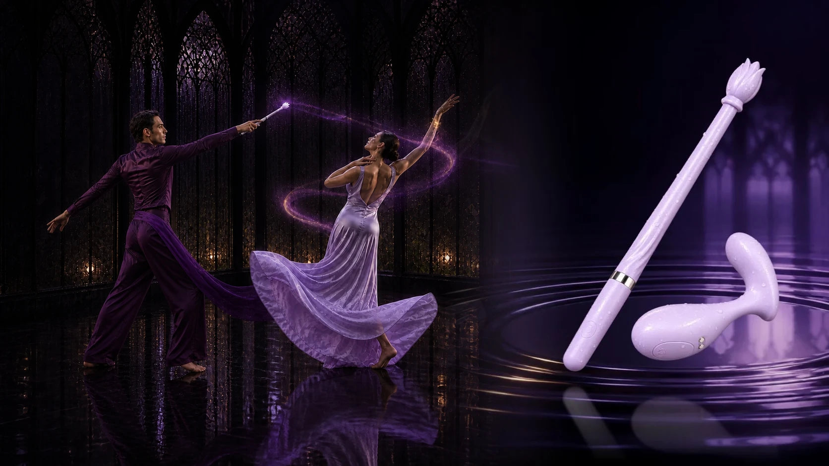 A man and woman shown beside the two complete Violet Spell devices in a violet dance scene