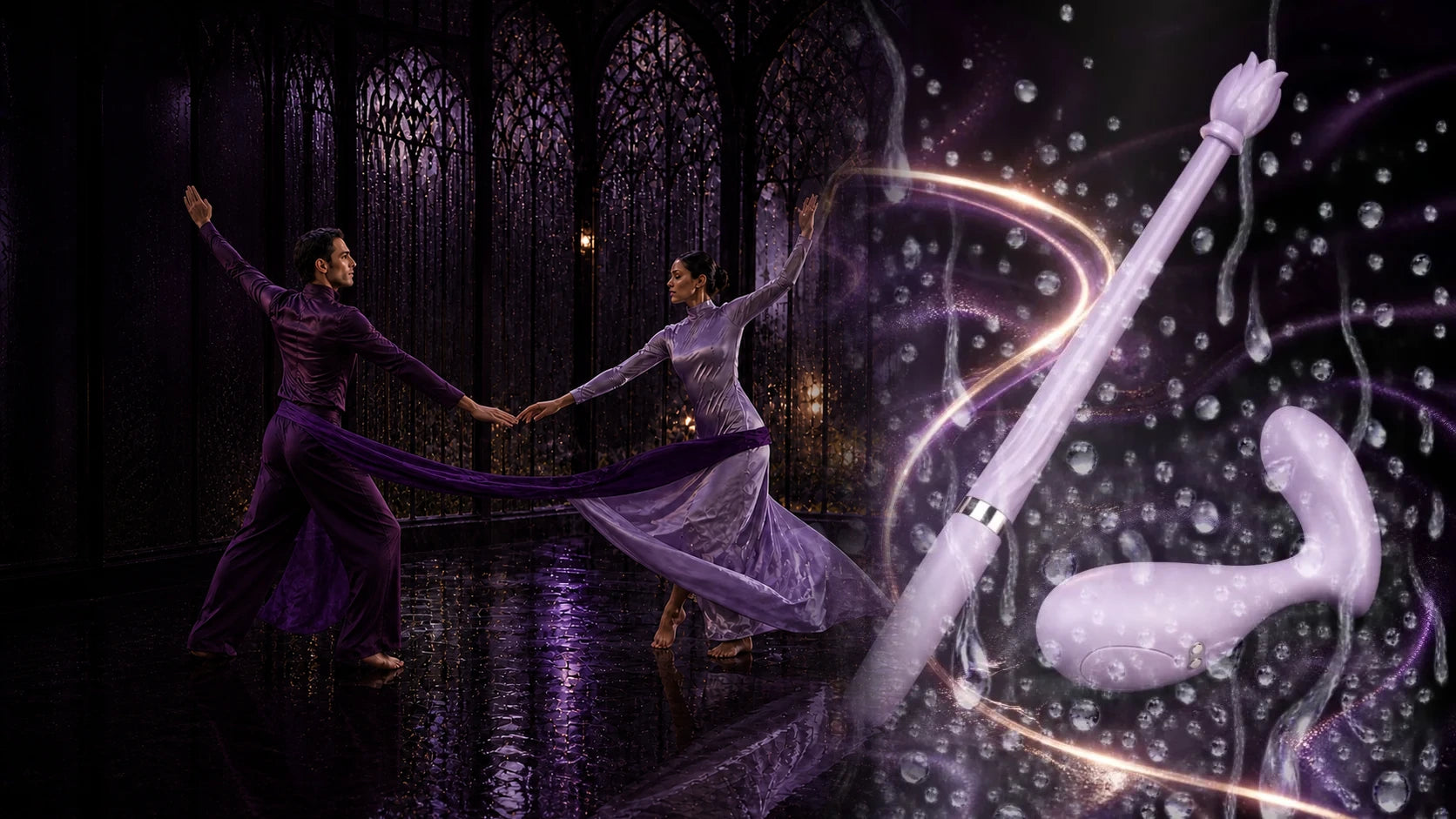 Violet Spell beside dancers and water droplets in a dark violet hall