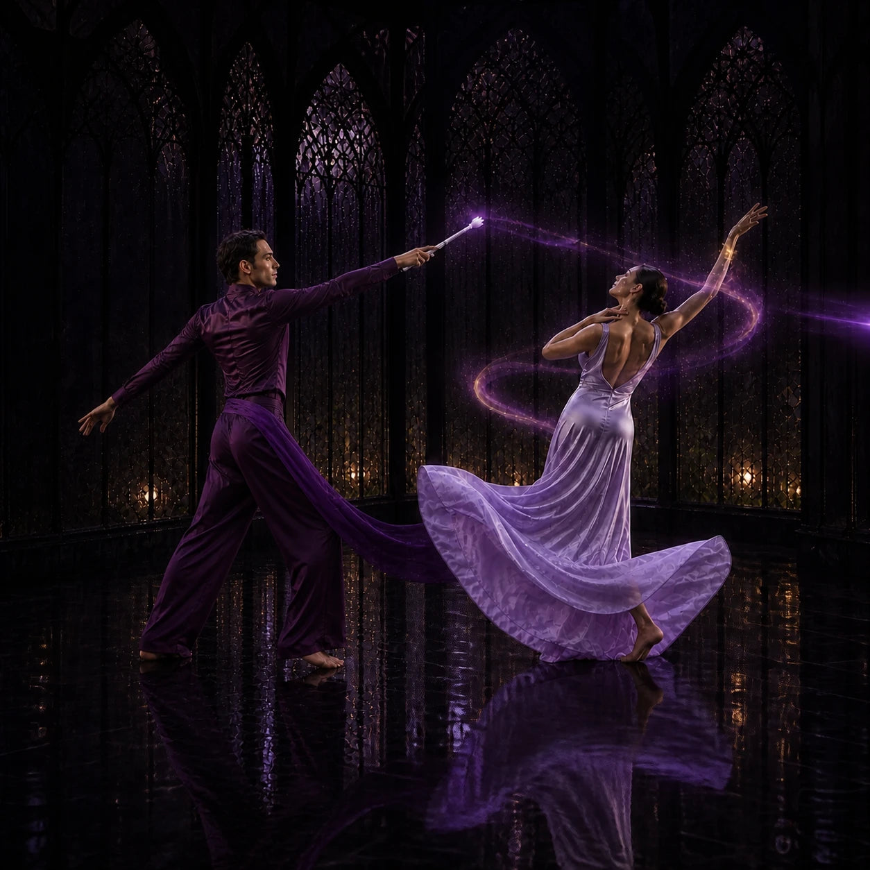 A man and woman moving together in a rain-dark violet hall