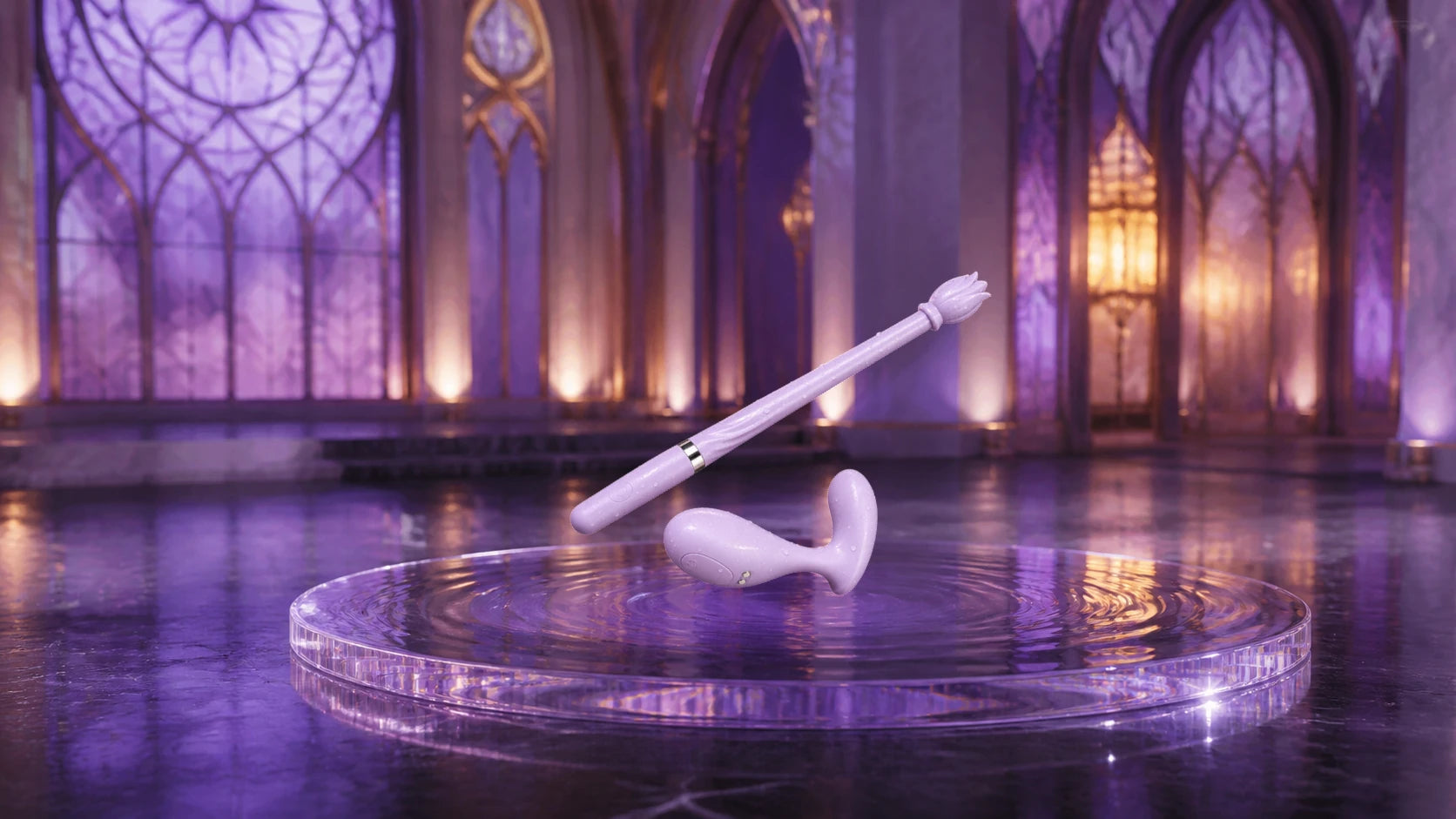 The Violet Spell Wand and Pearl displayed above a violet water surface