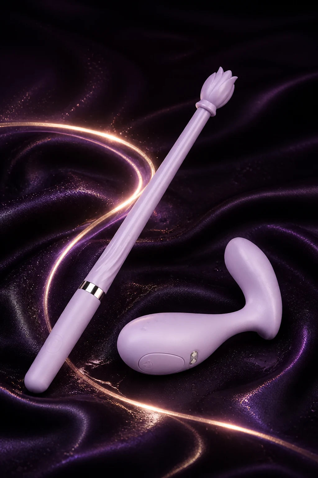 The Violet Spell Wand and Pearl resting together on violet silk