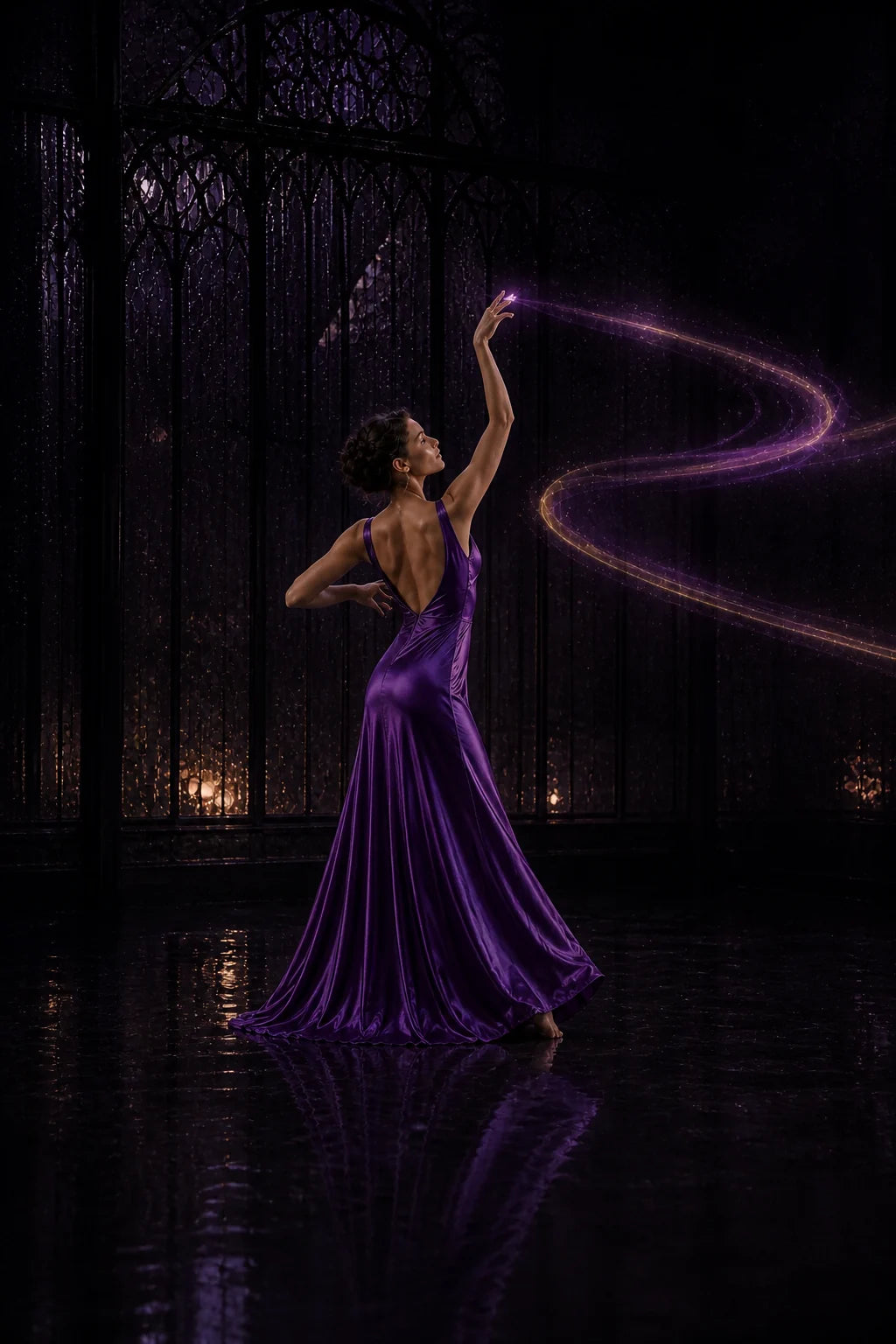 A woman dancing alone in a rain-dark violet hall