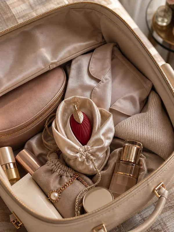 Aurae Leaf Sonic packed discreetly inside a travel case with beauty essentials
