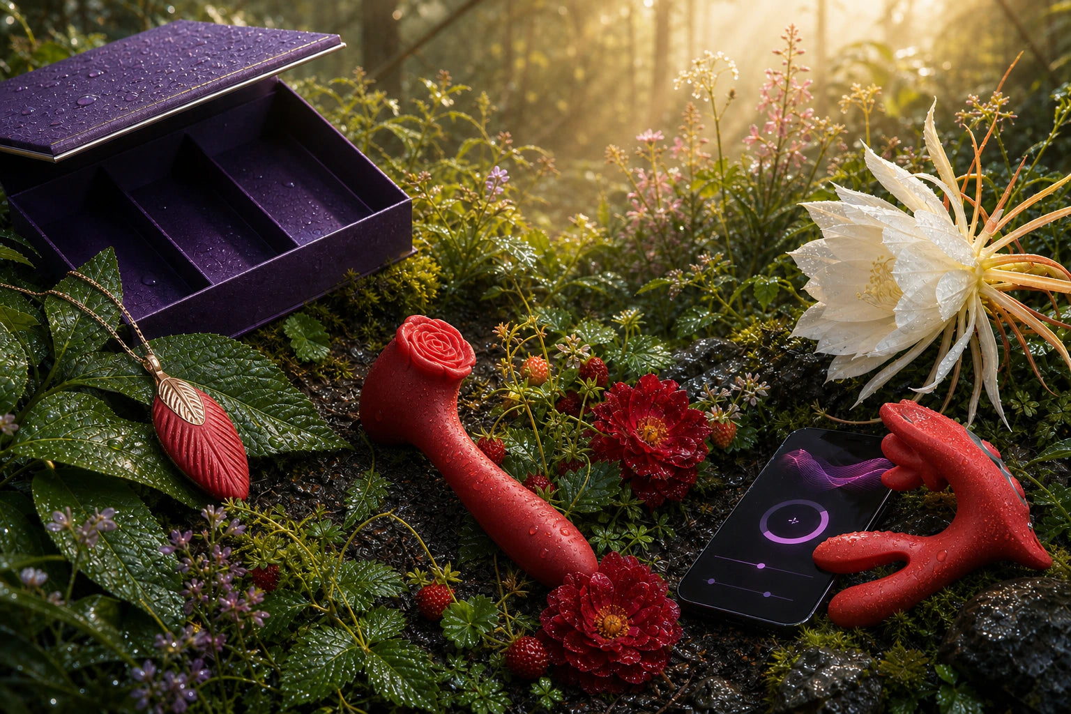 Aurae Leaf, Rosé Sonic Bloom, and Queen’s Bloom with its app in a sunlit, rain-kissed botanical set scene